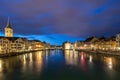 Zurich Limmat river at night Royalty Free Stock Photo