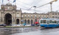 Zurich railway station. Streets of Zurich. Tram