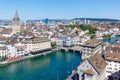 Zurich skyline with Linth river from above in Switzerland