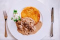 Zurich style veal stew and rosti potato, Swiss cuisine