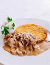 Zurich style veal stew and rosti potato, Swiss cuisine