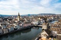 Zurich, Swiss, with River Limmat. Aerial view of historic buildings in old town. Royalty Free Stock Photo