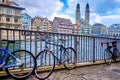 Bicycles on the Wuhre riverside street, on April 3 in Zurich, Switzerland