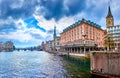 Great ensemble of the riverside houses with old Hotel Storchen, on April 3 in Zurich, Switzerland Royalty Free Stock Photo