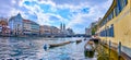 Panorama of Limmat River with wooden boats at the Schipfe embankment, Zurich, Switzerland Royalty Free Stock Photo