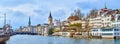 Panorama of riverside housing in Lindenhof neighborhood, Zurich, Switzerland Royalty Free Stock Photo