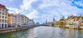 The view on Limmat River with outstanding medieval landmarks on both banks, Zurich, Switzerland Royalty Free Stock Photo