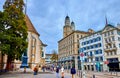 Wasserkirche church with monument to Ulrich Zwingli on Limmatquai emabankment, on April 3 in Zurich, Switzerland Royalty Free Stock Photo