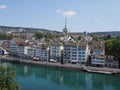 Famous houses on bank of Limmat river and european cityscape landscape of Zurich city in Switzerland