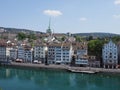 Fantastic houses on bank of Limmat river and european cityscape landscape of Zurich city in Switzerland