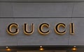 ZURICH, SWITZERLAND - AUGUST 3, 2022: Logotype logo sign of Gucci is an Italian luxury brand of fashion and leather goods