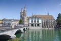 Zurich, Switzerland - 1 August, 2019: Panorama view of historic city center of Zurich with Fraumunster Church and Munsterbucke Royalty Free Stock Photo