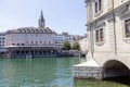 Zurich, Switzerland - 1 August, 2019: view on the Stadthausquai quay over the Limmat river Royalty Free Stock Photo