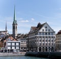 View on the tower of Predigerkirche and Rudolf Brun bridge in Zurich, Switzerland