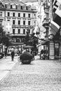 Vintage monochrome view of historic Old Town, shops and luxury stores near main downtown Bahnhofstrasse street, Swiss