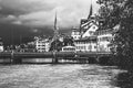 Vintage monochrome view of historic Old Town streets and buildings near main train station Zurich HB, Hauptbahnhof