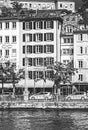 Vintage monochrome view of historic Old Town streets and buildings near main train station Zurich HB, Hauptbahnhof