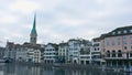 ZURICH, SWITZERLAND - DECEMBER 15, 2018. Slow motion pan shot of Wuhre Limmat river embankment in city centre