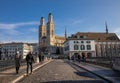 Zurich, Switzerland-December 19th, 2019. Zurich cityscape with famous Grossmunster Church photo taken from the