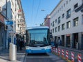 Zurich, Switzerland - March 5th 2022: A modern trolley bus stopping at Langstrasse.