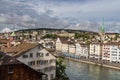 Zurich, Switzerland : July 22, 2016 - Old downtown Zurich  with Fraumunster Church and Limmat river from Lindenhof park in summer Royalty Free Stock Photo