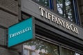 Tiffany company logo at the brand store facade
