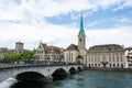 View of Munsterbrucke bridge and Fraumunster church in Zurich, Switzerland