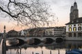 Zurich, Switzerland with Munsterbrucke bridge over Limmat river