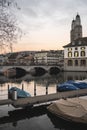 Zurich, Switzerland with Munsterbrucke bridge over Limmat river