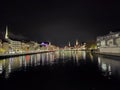 Zurich Switzerland night cityscape seen from the river Limat Royalty Free Stock Photo