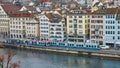 ZURICH, SWITZERLAND - November 28, 2018: View of the Limmat river embankment and trams from the observation deck Royalty Free Stock Photo