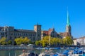 Zurich, Switzerland - Oct 13, 2018 : Beautiful view of historic city center on a sunny day with blue sky and clouds in summer Royalty Free Stock Photo