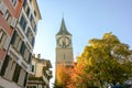 Zurich, Switzerland - Oct 13, 2018 : Beautiful view of historic city center on a sunny day with blue sky and clouds in summer Royalty Free Stock Photo