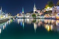 Zurich, Switzerland - Oct 13, 2018 : Beautiful view historic Zurich city center with famous Fraumunster Church and river Limmat in Royalty Free Stock Photo