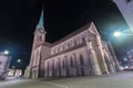 Zurich, Switzerland - Oct 13, 2018 : Beautiful view historic Zurich city center with famous Fraumunster Church and river Limmat in Royalty Free Stock Photo