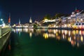 Zurich, Switzerland - Oct 13, 2018 : Beautiful view historic Zurich city center with famous Fraumunster Church and river Limmat in Royalty Free Stock Photo