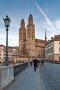 ZURICH, SWITZERLAND - 28 OCTOBER 2015 : Sunset view Grossmunster church in Limmat River, City of Zurich