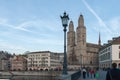 ZURICH, SWITZERLAND - 28 OCTOBER 2015 : Sunset view Grossmunster church in Limmat River, City of Zurich Royalty Free Stock Photo