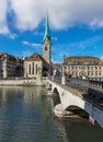 View along Munsterbrucke bridge in Zurich, Switzerland