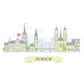 Zurich, Switzerland - old town, panorama with landmarks of Zurich city