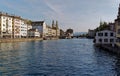 Zurich switzerland sept. 13 2021: view from the railroad station bridge to the limmat, grossmÃÂ¼nster, rudolf brun bridge in the Royalty Free Stock Photo