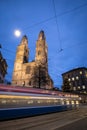 Zurich, Switzerland - view of the GrossmÃÂ¼nster church with motion blurred tramway