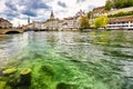 Zurich, Switzerland. View of the historic city center with famous Fraumunster Church, on the Limmat river Royalty Free Stock Photo