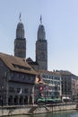 Zurich, Switzerland. View of the historic city center with famous Grossmunster Church, on the Limmat river