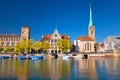 Zurich waterfront landmarks and church colorful view, Limmat river Royalty Free Stock Photo