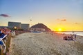 The Zurriola Beach at sunset with the Monte Urgull in the background. San Sebastian, Basque Country. Spain. Royalty Free Stock Photo