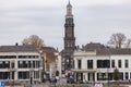 ZUTPHEN, NETHERLANDS - Nov 03, 2020: Tower towering over boulevard of Dutch city Zutphen