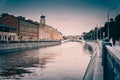 Zverev bridge over Vodootvodny Canal in the evening, Moscow, Russia Royalty Free Stock Photo