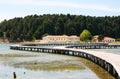 The bridge to the Zvernec byzantine Monastery. Narta lagoon. Vlore. Albania Royalty Free Stock Photo