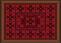 Burgundy carpet with ethnic ornaments of red flower patterns to the border and with a bouquet of red flowers in the center